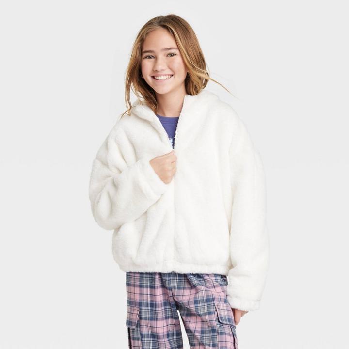 Girls' Faux Fur Zip-up Jacket - Art Class Cream