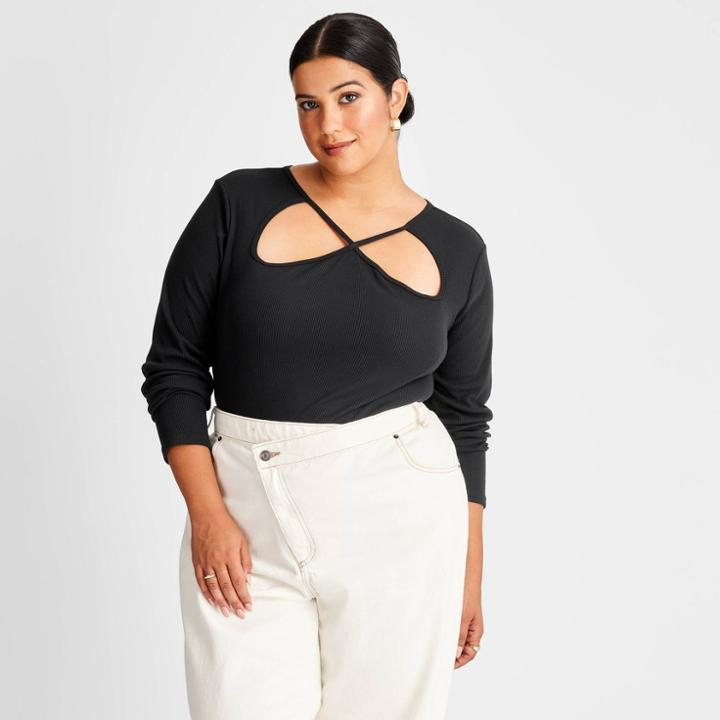 Women's Plus Size Ribbed Cut Out Neck Bodysuit - Future Collective With Kahlana Barfield Brown Black
