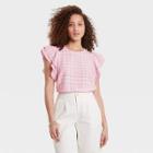 Women's Plaid Ruffle Short Sleeve Linen Top - A New Day Pink