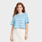 Women's Elbow Sleeve Boxy Cropped T-shirt - A New Day Blue/white