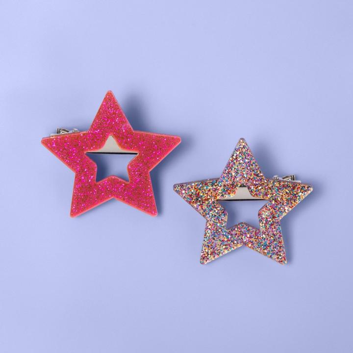 Girls' 2pk Glitter Star Salon Clips - More Than Magic , Gray Pink