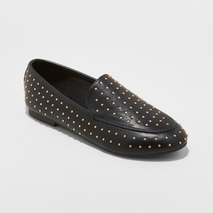 Women's Yari Wide Width Faux Leather Studded Loafers - A New Day Black 6.5w,