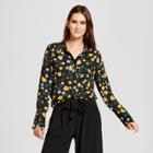 Women's Floral Print Long Sleeve Silky Button-up Blouse- Who What Wear Black Xl, Black Floral