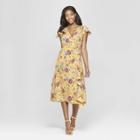 Women's Floral Print Short Sleeve Wrap Midi Dress - Xhilaration Mustard (yellow)