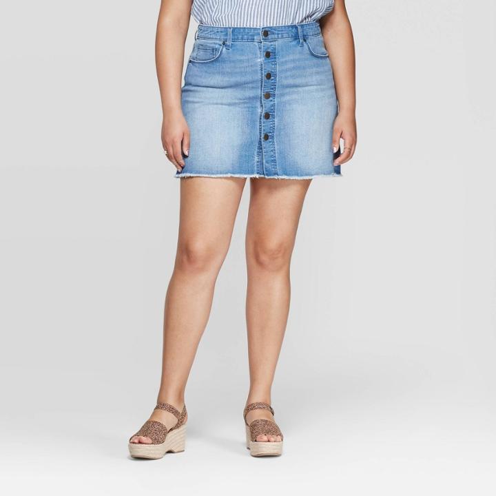 Women's Plus Size Button Front Mini Skirt - Universal Thread Medium Blue