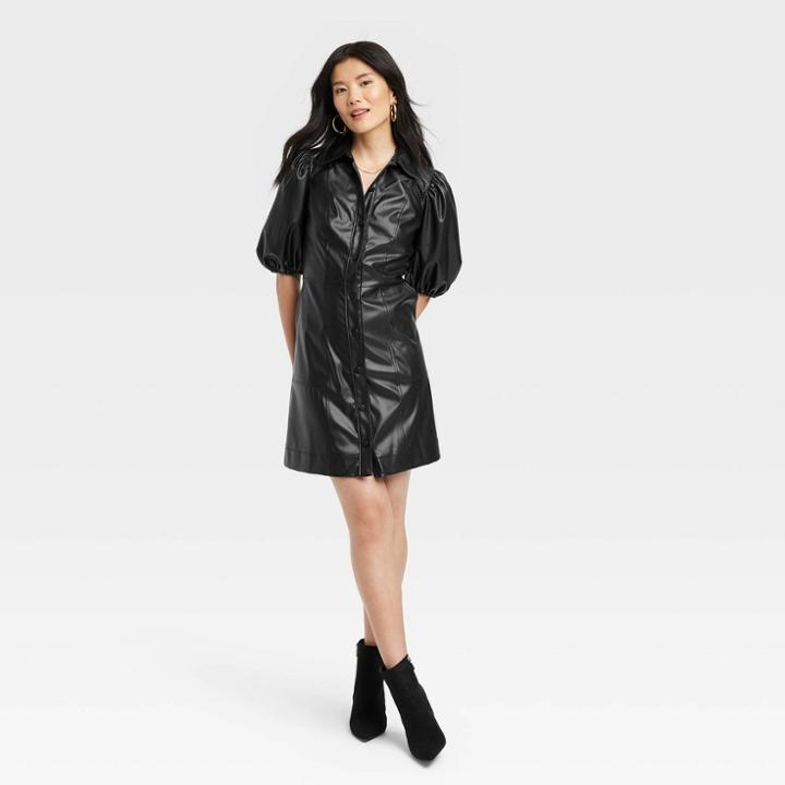 Women's Puff Short Sleeve Faux Leather A-line Dress - A New Day Black