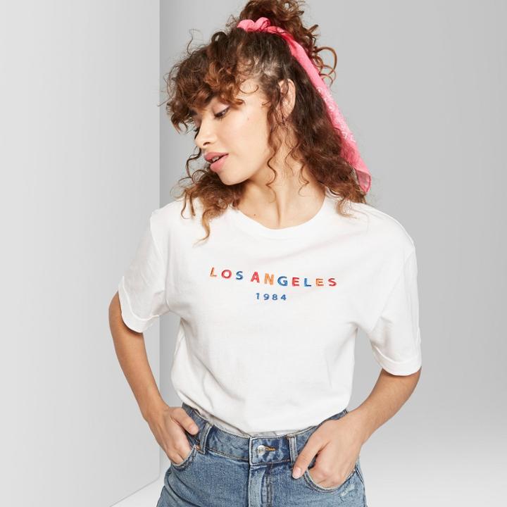 Women's Oversized Short Sleeve Crew Neck Embroidered T-shirt - Wild Fable White