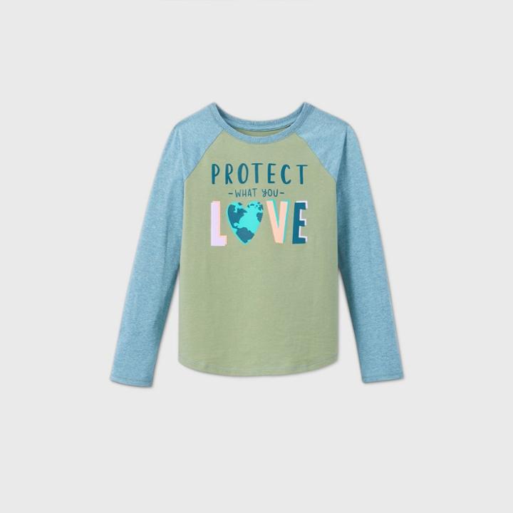 Girls' 'protect What You Love' Long Sleeve Graphic Baseball T-shirt - Cat & Jack Army Green/teal Xs, Green/green/blue