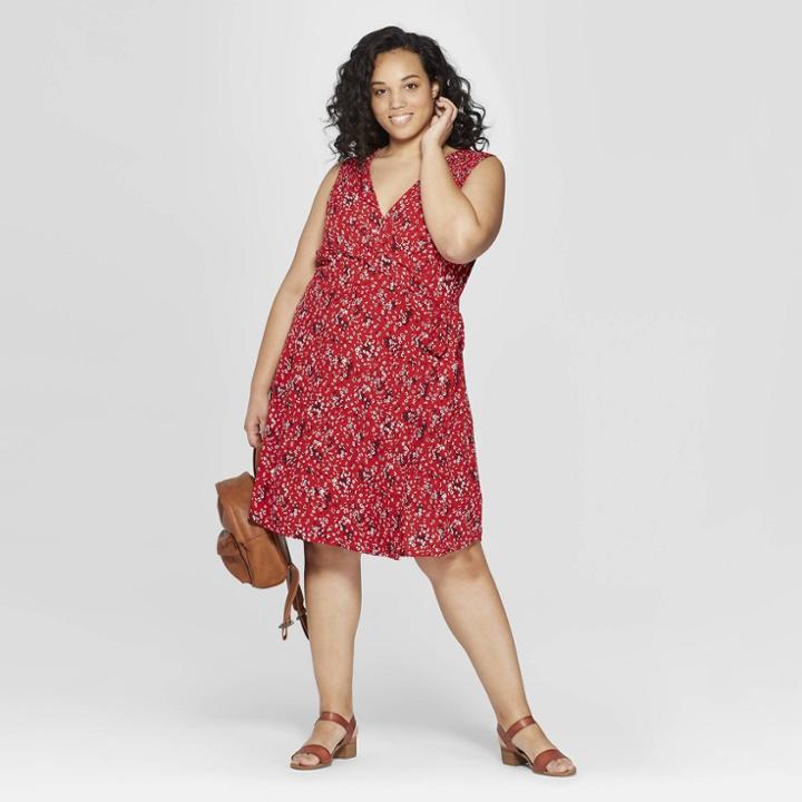 Women's Plus Size Floral Print Sleeveless V-neck Wrap Dress - Universal Thread Red