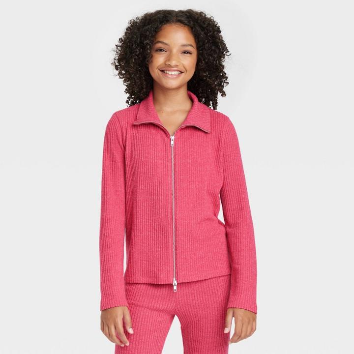 Girls' Rib Double Zip Long Sleeve Top - Art Class Red