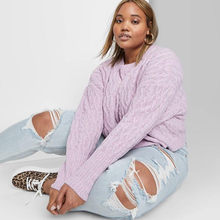Women's Plus Size Long Sleeve Crewneck Cropped Cable Sweater - Wild Fable Pink 1x, Women's, Size: