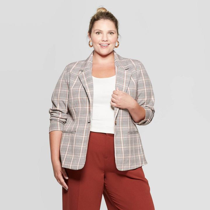 Women's Plus Size Plaid Blazer - Ava & Viv Brown 3x, Women's,