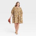 Women's Plus Size Floral Print Puff Elbow Sleeve Babydoll Dress - Universal Thread Brown