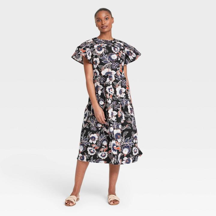 Women's Floral Print Flutter Short Sleeve A-line Dress - Who What Wear
