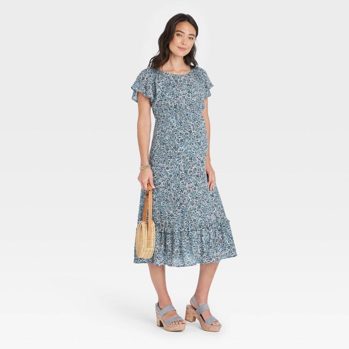 Flutter Short Sleeve Woven Maternity Dress - Isabel Maternity By Ingrid & Isabel Turquoise Blue Floral Print