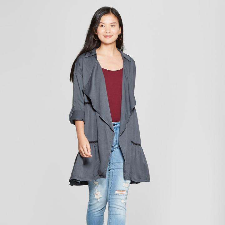 Women's Long Sleeve Crochet Trim Open Layering Jacket - Knox Rose Charcoal
