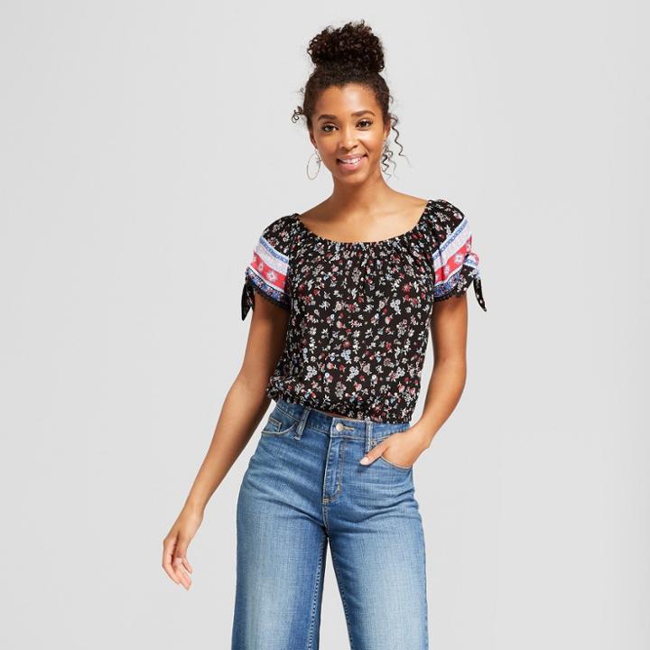 Women's Floral Print Off The Shoulder Tie Sleeve Top - Almost Famous (juniors') Black
