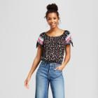 Women's Floral Print Off The Shoulder Tie Sleeve Top - Almost Famous (juniors') Black