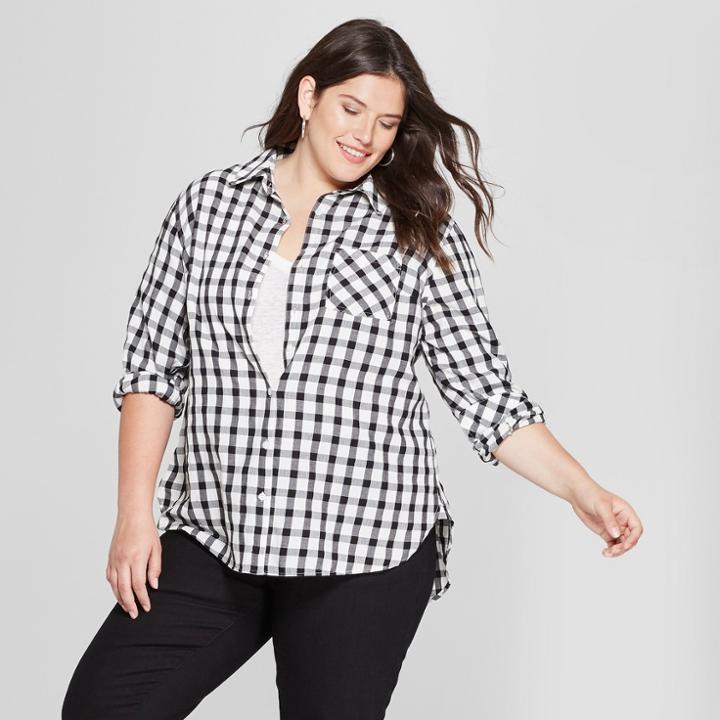 Women's Plus Size Long Sleeve Plaid Button-down Shirt - Ava & Viv Black/white X, Gray