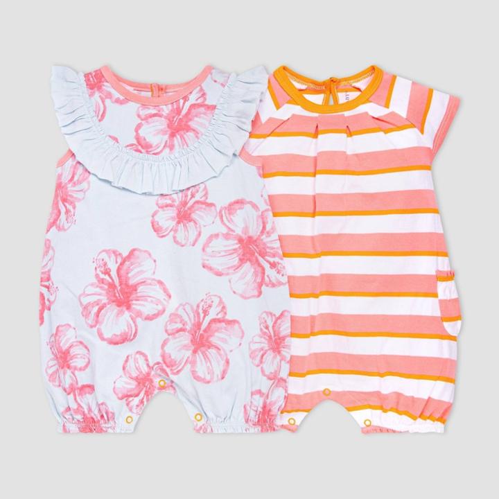 Burt's Bees Baby Baby Girls' 2pk Hibiscus Print And Striped Bubble Romper Set - Pink/light Blue
