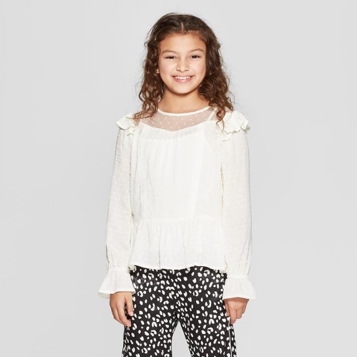 Girls' Woven Mesh And Lace Long Sleeve Top - Art Class Ivory