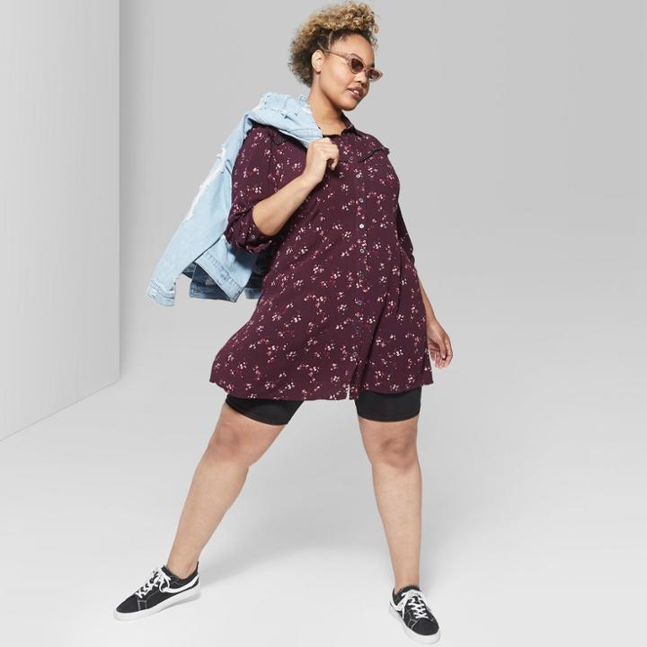 Women's Plus Size Long Sleeve Button Up Floral Western Shirt Dress - Wild Fable Burgundy
