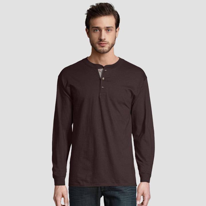Hanes Men's Long Sleeve Beefy Henley Shirt - Dark Red
