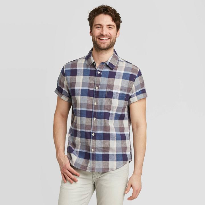 Men's Plaid Standard Fit Short Sleeve Linen Shirt - Goodfellow & Co Cyber Blue S, Men's,