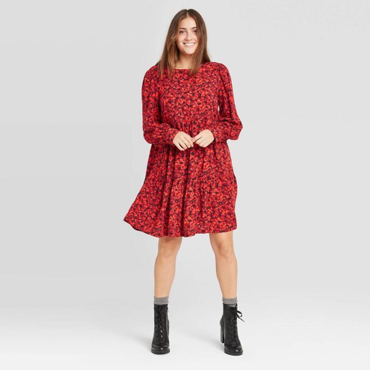 Women's Floral Print Long Sleeve Tiered Babydoll Dress - A New Day Red