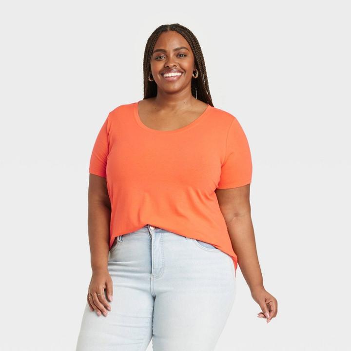 Women's Short Sleeve Drapey Scoop Neck T-shirt - Ava & Viv Orange
