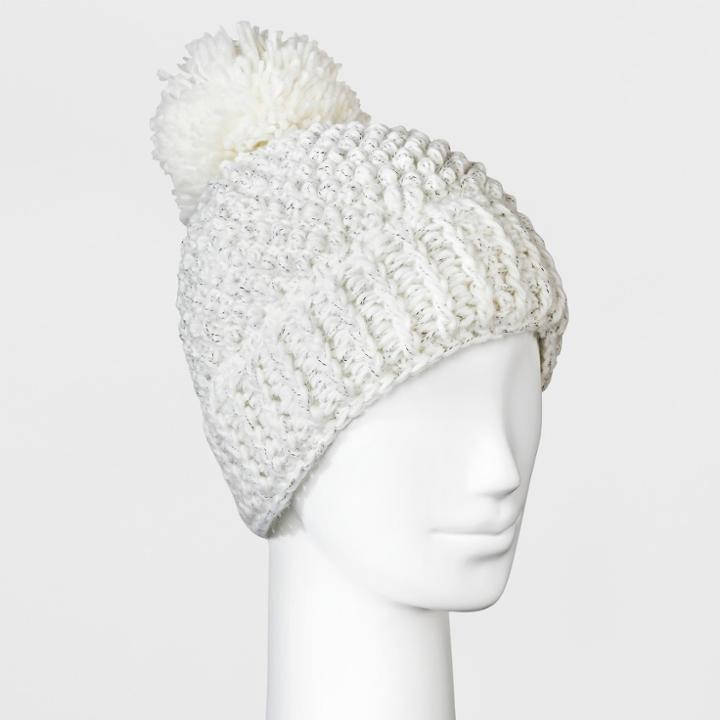 Women's Fleece Lined Marled Faux Fur Pom Beanie - Universal Thread Cream (ivory)