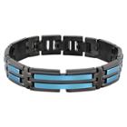 Men's Crucible Black Plated Two-tone Stainless Steel Blue Striped Id Link Bracelet (14mm) - Black/blue (8.25), Blue Black
