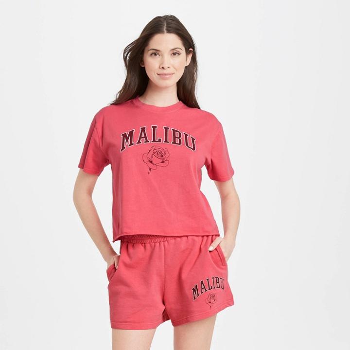 Mighty Fine Women's Malibu Rose Short Sleeve Boxy Cropped Graphic T-shirt - Red