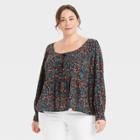 Women's Plus Size Long Sleeve U-neck Tie Front Babydoll Blouse - Ava & Viv Blue Floral Print