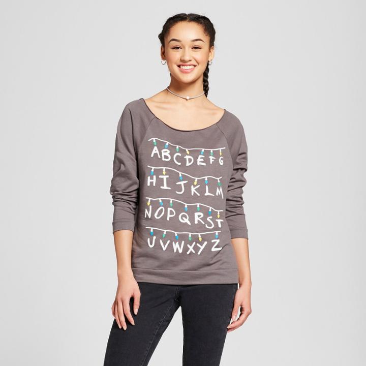 Women's Stranger Things Letter Lights Scoop Neck Sweatshirt (juniors') - Dark Gray