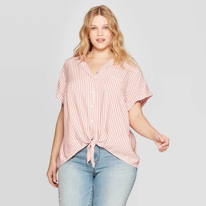 Women's Plus Size Striped Short Sleeve Collared Tie Front Shirt - Ava & Viv Red/white X