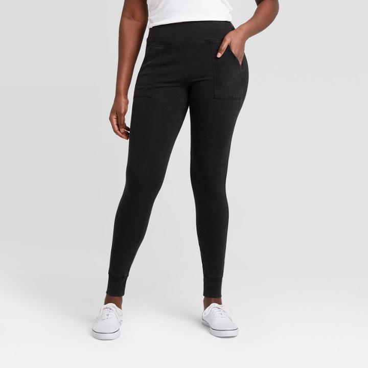 Women's Ribbed High-waist Leggings With Pockets - A New Day Black