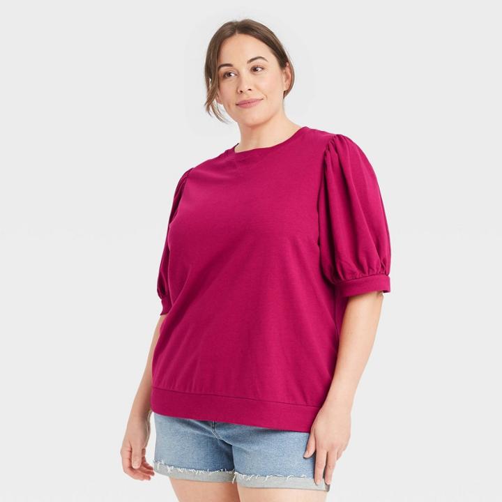 Women's Plus Size Short Sleeve French Terry Sweatshirt - Ava & Viv Magenta