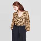 Women's Animal Print Regular Fit Long Sleeve V-neck Blouse - A New Day Tan