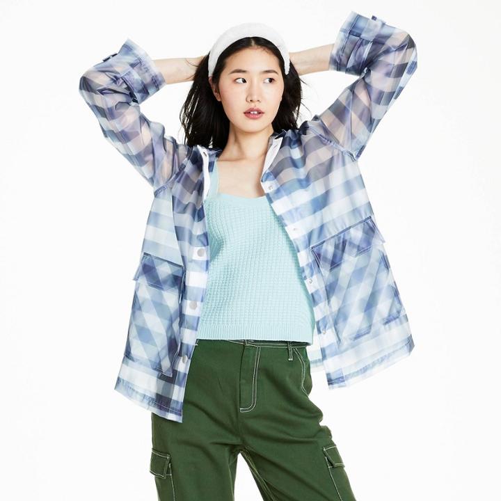 Women's Gingham Check Translucent Hooded Raincoat - Sandy Liang X Target Blue