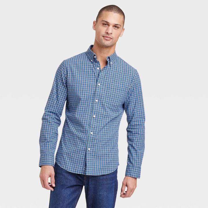 Men's Every Wear Long Sleeve Button-down Shirt - Goodfellow & Co Blue Tattersall Plaid