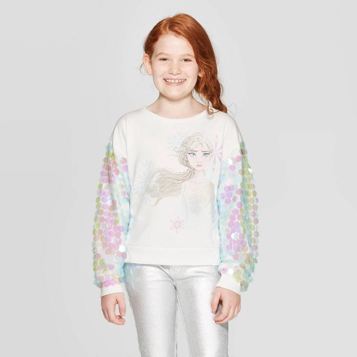 Disney Girls' Frozen 2 Paillette Pullover - White
