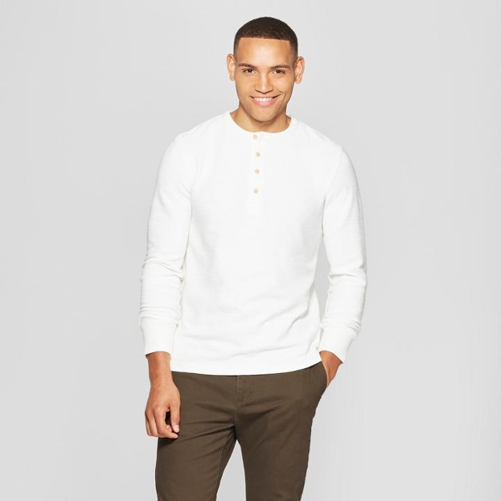 Men's Standard Fit Long Sleeve Textured Henley Shirt - Goodfellow & Co White Feather