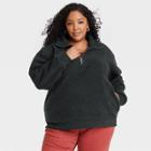 Women's Plus Size Sherpa Quarter Zip Pullover Sweatshirt - Ava & Viv Dark Green