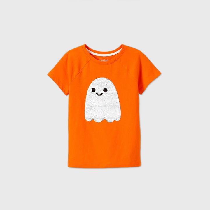 Girls' Short Sleeve Flip Sequin Ghost T-shirt - Cat & Jack Orange