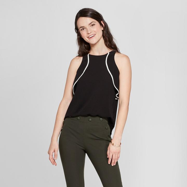 Women's Sleeveless Contrast Trim Ruffle Tank Top - Spenser Jeremy - Black