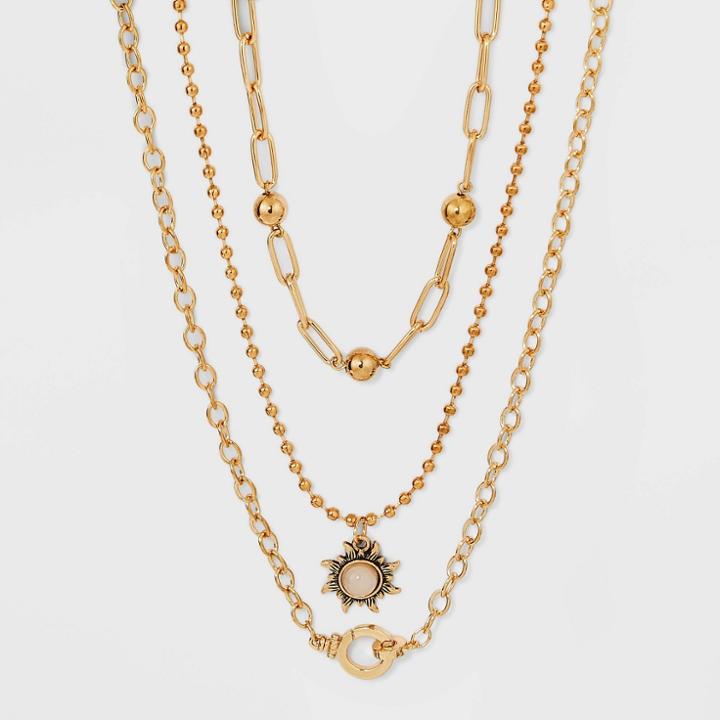 Paperclip And Oval Chain With Sun Charm Trio Necklace - Wild Fable Gold