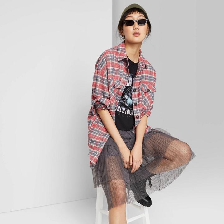 Women's Plaid Long Sleeve Collared Oversized Button-down Flannel Shirt - Wild Fable Pink