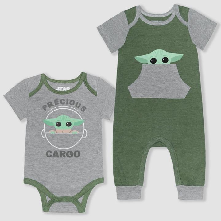 Disney Baby Boys' Star Wars 2pk Baby Yoda Romper - Gray Newborn