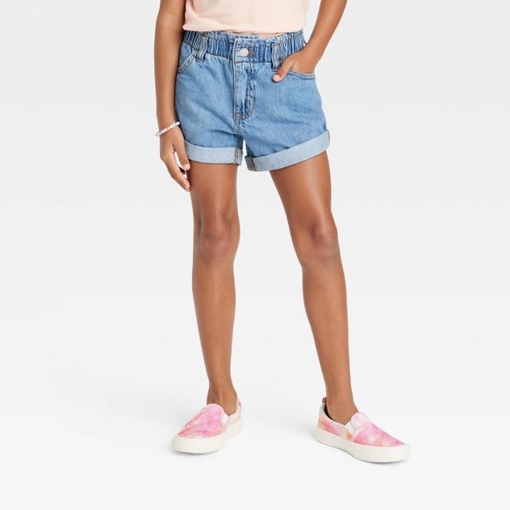 Girls' High-rise Paper Bag Jean Shorts - Cat & Jack Medium Wash Xs,